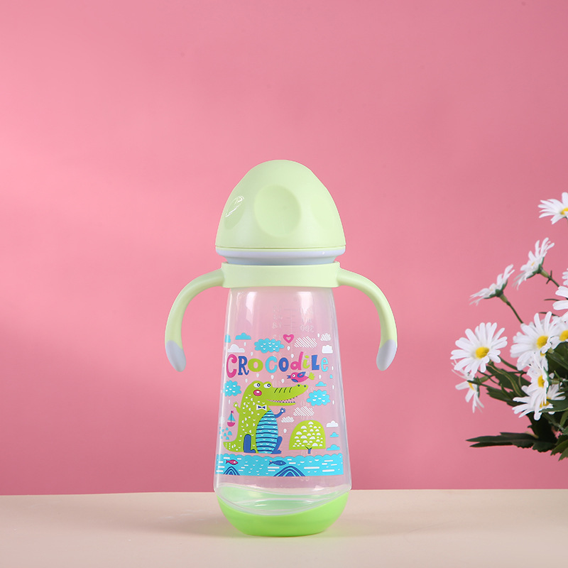 New Cartoon Pp Bottle with Handle Anti-Fall Bite-Resistant Silicone Nipple Bottle Newborn Choke Proof Anti-Flatulence Baby Bottle