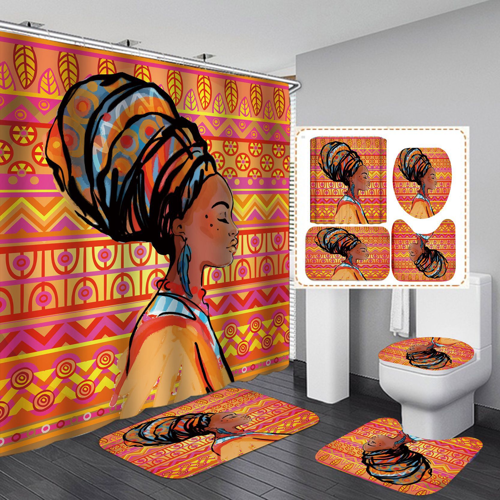 Amazon Best-Selling Shower Curtain Four-Piece Set Egyptian Beauty Waterproof Punch-Free Partition Curtain Hotel Rain Curtain