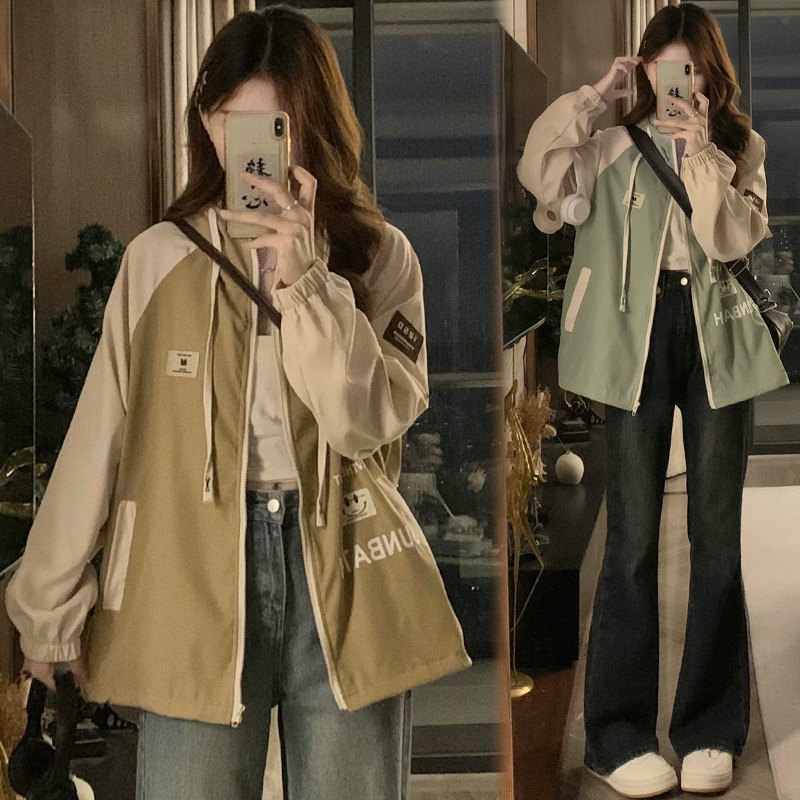 连帽棒球服工装外套少女春秋装2023新款初中高中学生休闲宽松夹克