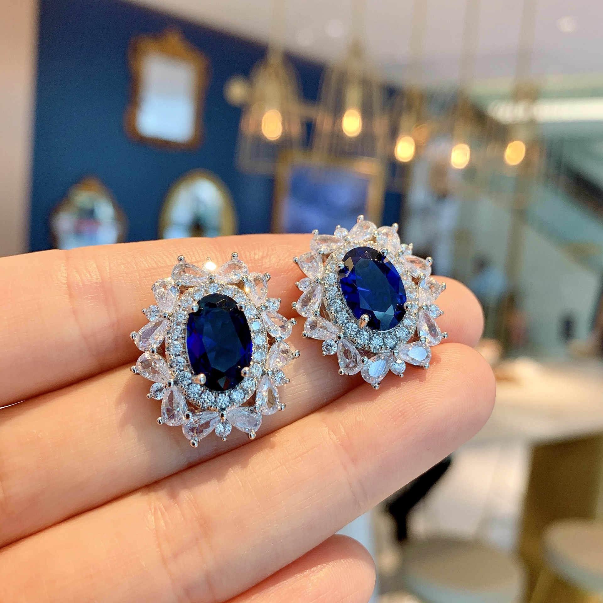 Zhuang Sheng Jewelry European and American Retro Style Simulation Tamsang Sapphire Set Pendant Ring 12*16 Ear Studs 8*12