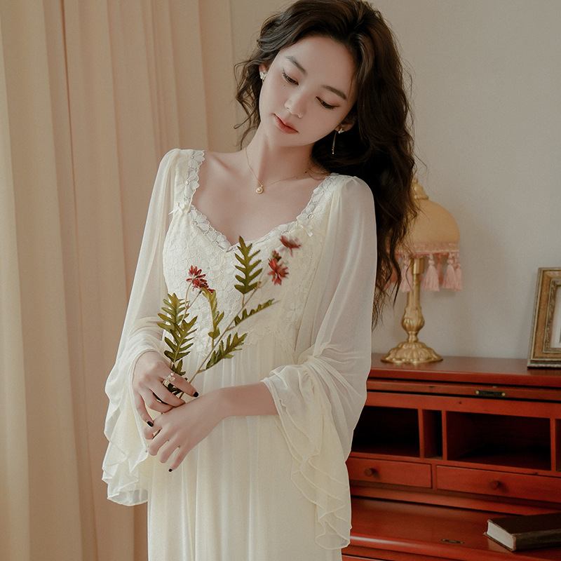 2022 French Style New Nightdress Princess Style Sweet Autumn Mesh Women's Long Pajamas Home Dress Can Be Worn outside