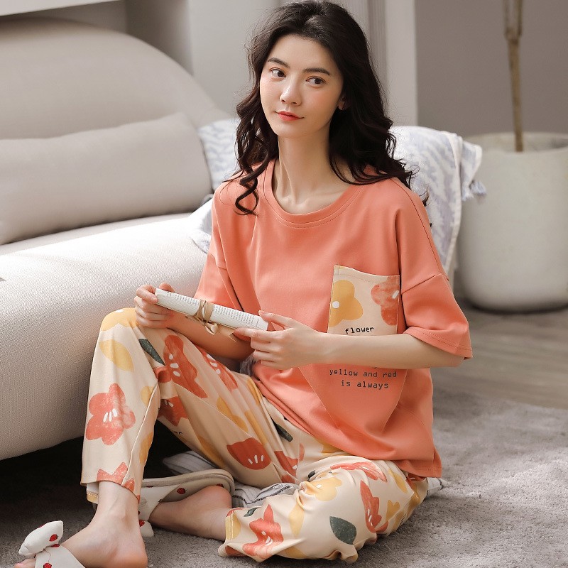 Women's Pajamas Summer Short Sleeve Trousers Suit Korean Style Large Size Ins Style Cotton Ladies' Homewear Foreign Trade Wholesale