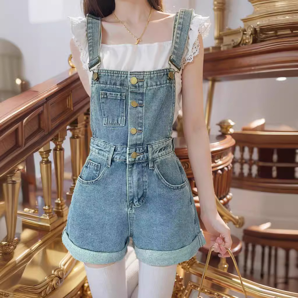 夏季新款显瘦百搭宽松背带牛仔短裤女明线a字阔腿热裤潮浅蓝色棉