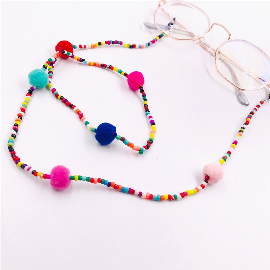 速卖通跨境新品毛绒球串珠链彩色串珠眼镜链文艺女挂链防滑挂绳