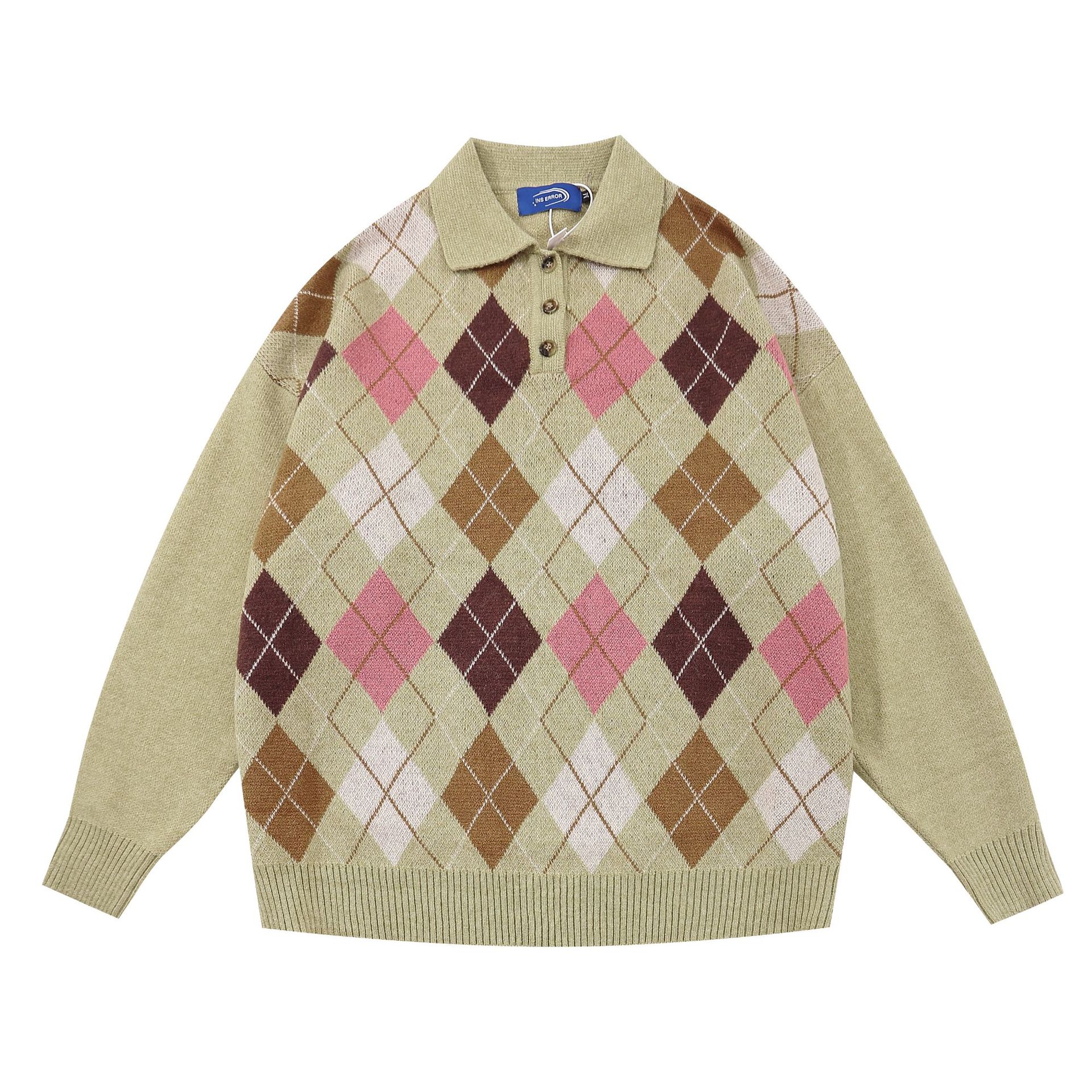 拼色菱形格秋冬翻领毛衣美式复古学院风情侣针织衫中性毛线衫