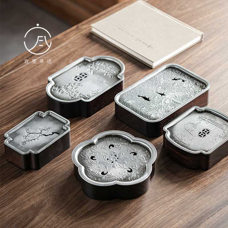 宜室茶话黑檀木壶承做旧合金干泡盘中式仿古储水茶盘茶承茶道配件