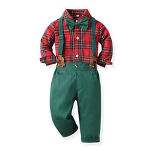 男童套装外贸新款儿童圣诞节绅士礼服长袖格子衬衫秋冬绿色背带裤
