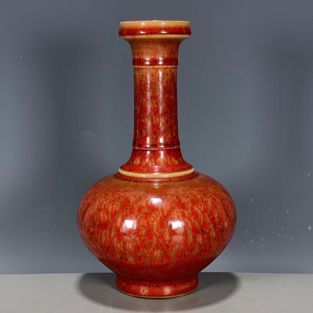 欧洲回流古董瓷器大清康熙年制祭红釉长颈瓶全美品老物件仿古摆件