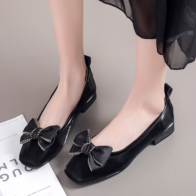 Square Toe Bow Pumps Women's Autumn 2023 New Korean Style Chunky Heel Simple Lazybones' Outdoor Peas Shoes Wholesale