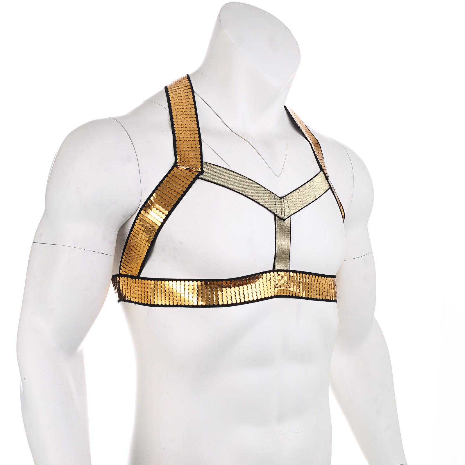 男性感亮片肩带胸衣gay束缚带夜店酒吧衣服演出搭配仿皮内裤铝链