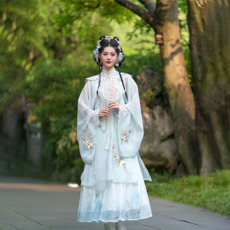 梦谢楟新款汉服女明制斜襟立领长衫齐腰褶裙超仙改良汉服云肩春夏