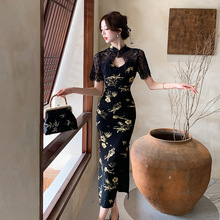实拍 新中式国风旗袍风情万种气质绝美黑色印花开叉连衣裙子女