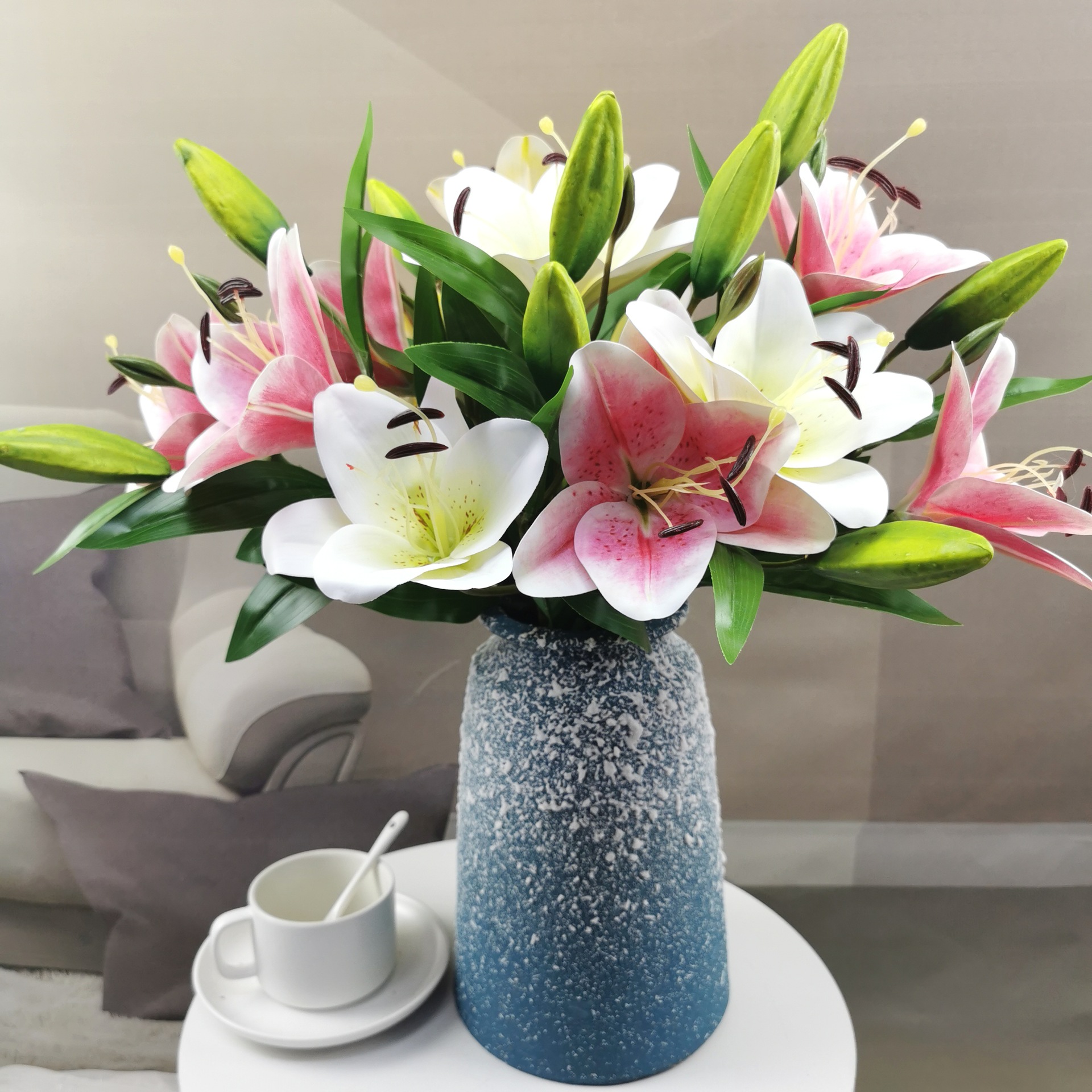 高仿真3d立体百合花过胶手感假花装饰客厅家居摆件玫瑰花绢花花瓶