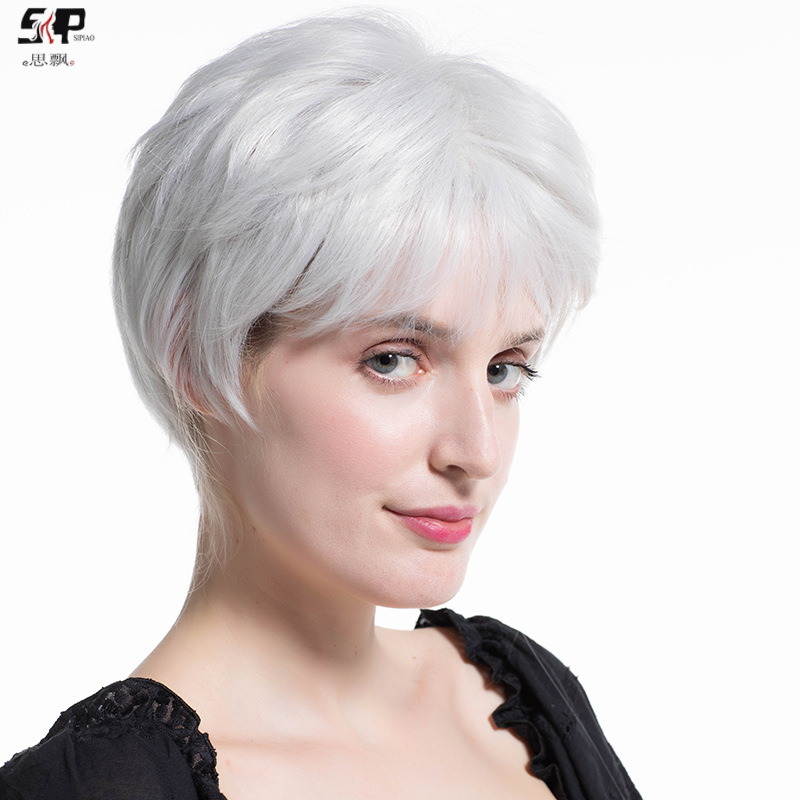 欧美假发短发银白色时尚短发可齐可斜刘海透气玫瑰网整顶头套