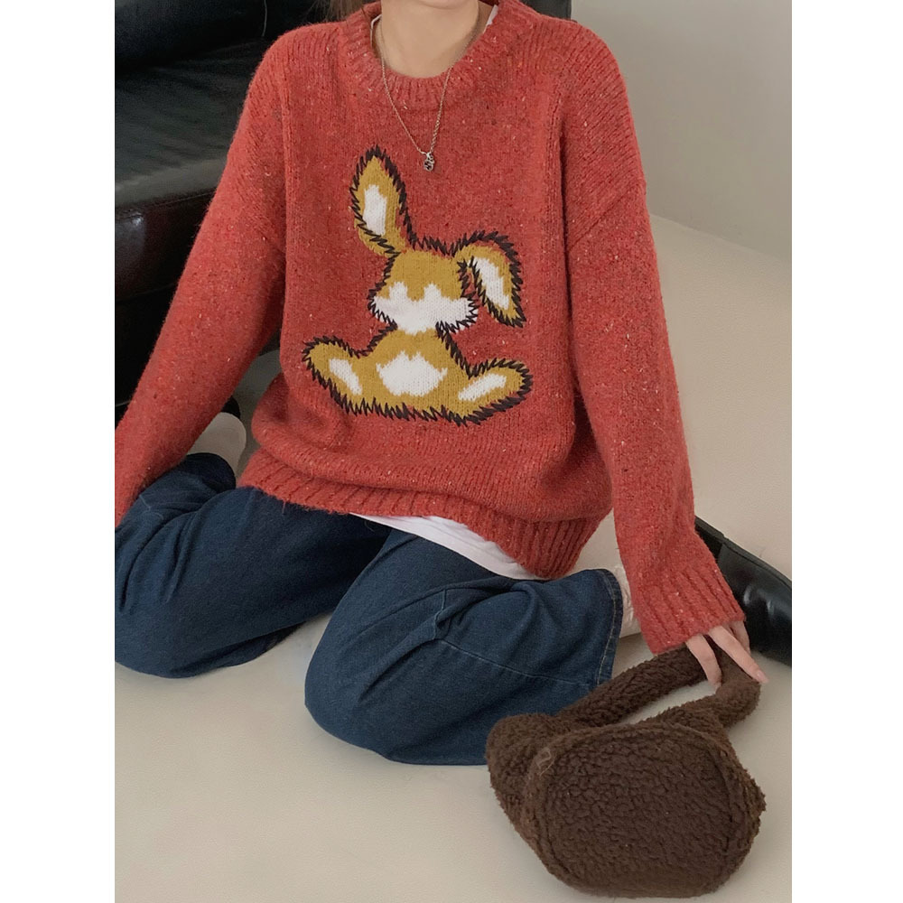 可爱刺绣卡通毛衣女冬季新款韩系学院宽松慵懒风兔子针织上衣5214