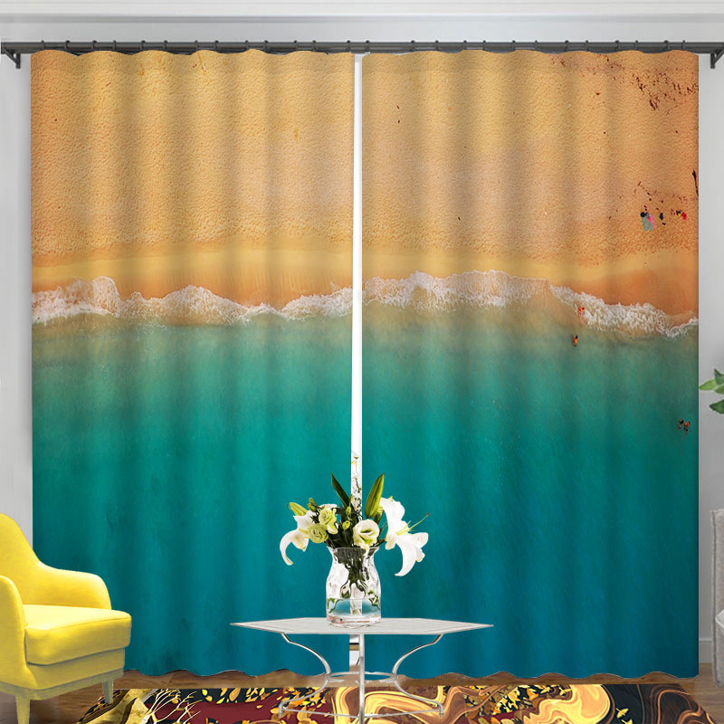 亚马逊跨境窗帘海边海滩数码印花窗帘批发卧室客厅遮光源头厂家