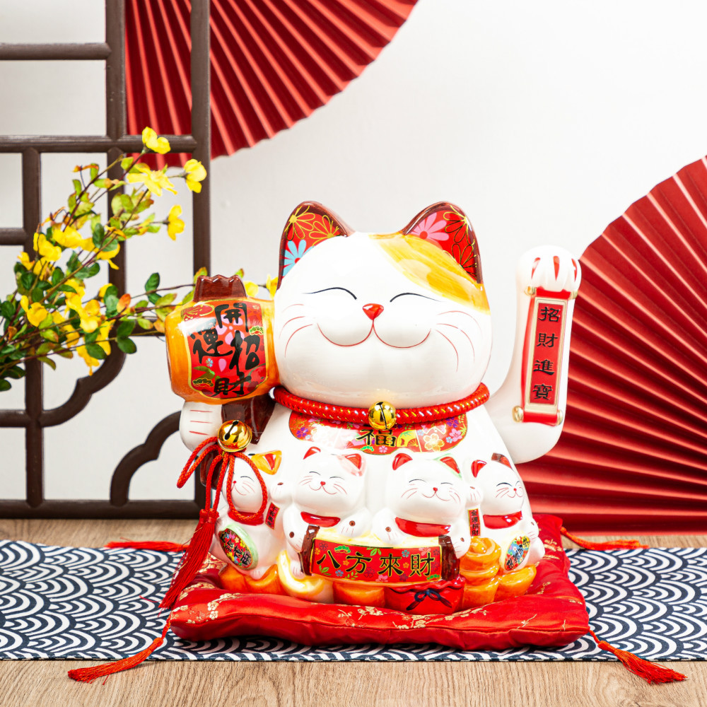 金铜钱摇手猫 15寸彩绘招财猫摆件店铺开业礼物日式存钱罐创意