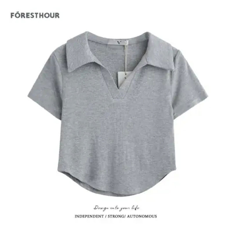 Design Thread Fabric Irregular Bottoming Shirt Women's Polo Collar Shoulder T-shirt Female Niche Slim Fit Slimming T-shirt Female