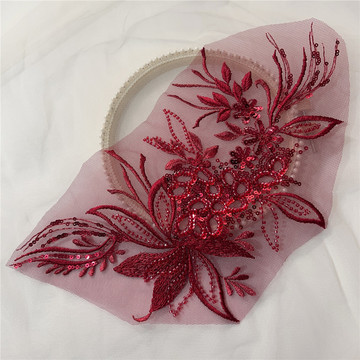 酒红色立体珠片钉珠蕾丝补丁贴手工服装刺绣衣服装饰裙子领口辅料