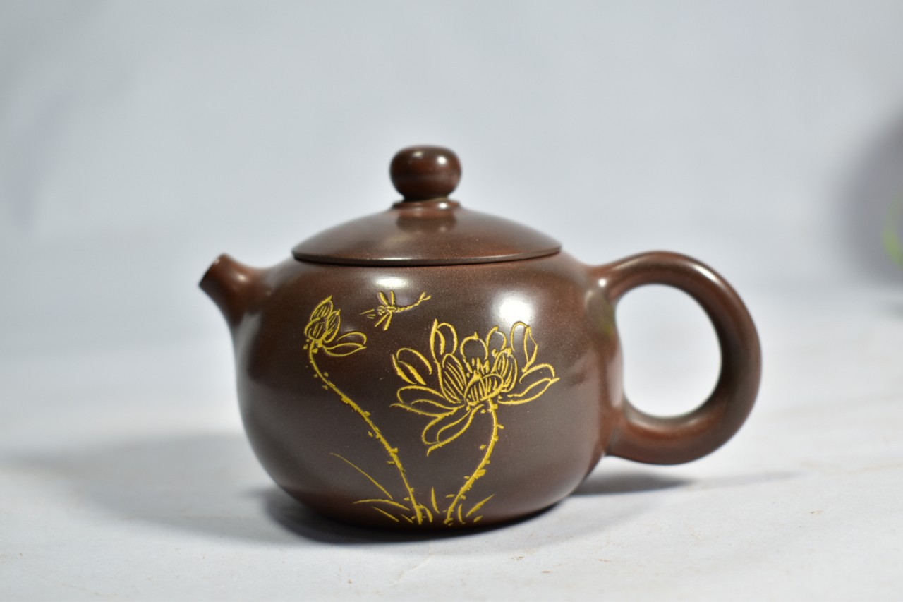 西施壶线雕荷花雅趣陶瓷清新礼盒清新茶壶坭兴陶曾世军窑变钦州陶