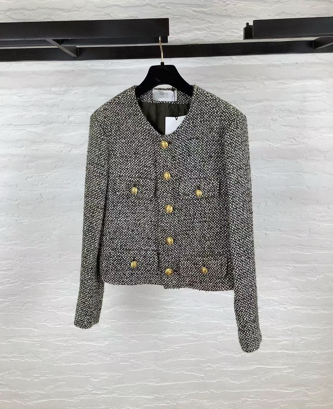 高定cl家秋冬小香风夹克粗花呢修身格子羊毛西装短外套女批发