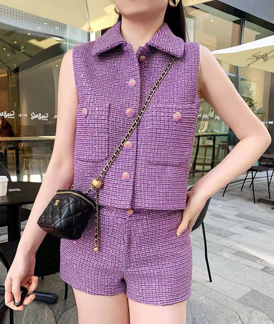 2024春夏款小香风紫色翻领亮片编织口袋马甲背心外套 短裤套装女
