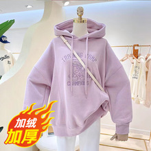 女童冬装480克厚绒卫衣2024韩版儿童装刺绣上衣纯色冬季连帽卫衣