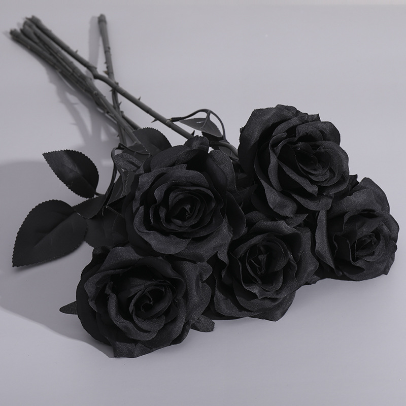 artificial flower artificial plant Simulation Pure Black Single Rose Bouquet Halloween Ghost Festival Horror Gothic Style Dark Series Decorative Fake Flower