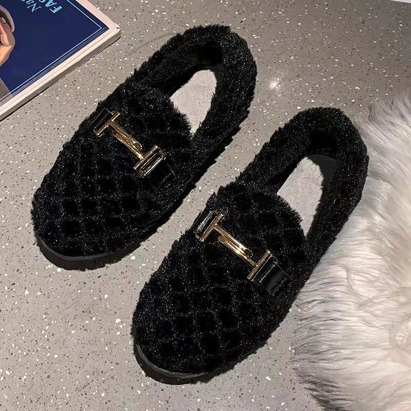 Winter New Tods Shoes Fleece-lined Thick Women's Fluffy Shoes Fashion Velvet Padded Fleece-lined Student Shoes Slip-on Flat Bottom Lazy Shoes