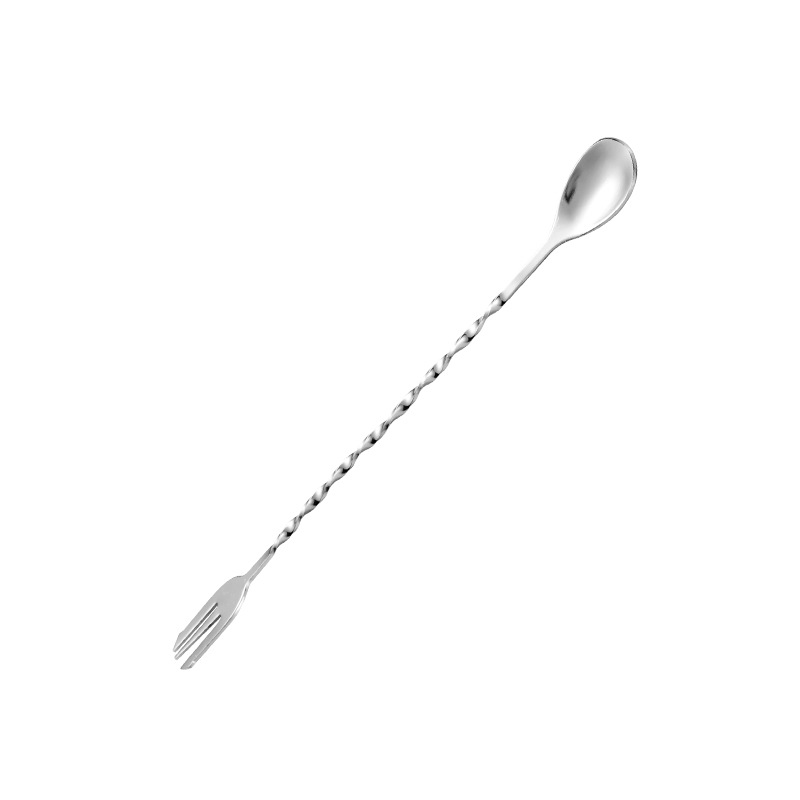 Chinese Style Stainless Steel Bar Spoon Thick Drink Stirring Ice Breaking Double Head Spork Thread Long Handle Bar Restaurant Stirrer