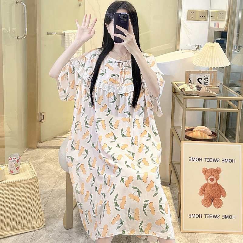 空调房大码睡裙女200斤中长款棉绸夏薄款短袖胖mm孕妇睡衣家居服