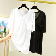 夏季新款亚麻V领短袖T恤女韩版口袋中长款打底衫简约黑白女上衣