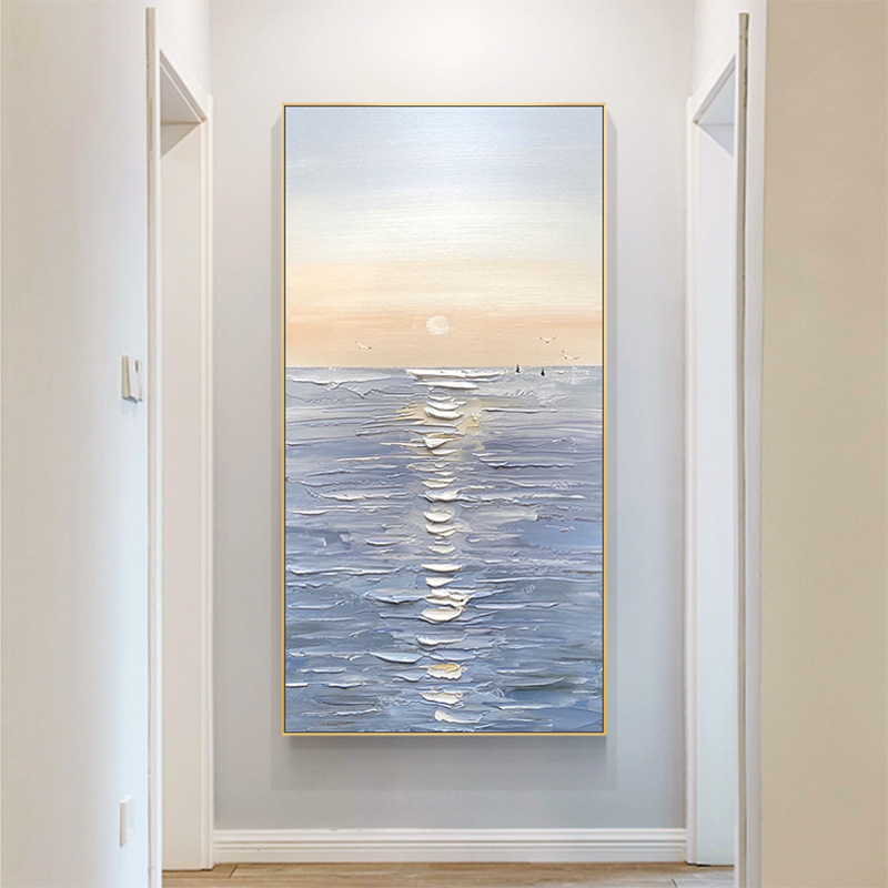 纯手绘油画玄关挂画简约现代过道竖版大海风景丙烯日出海景装饰画