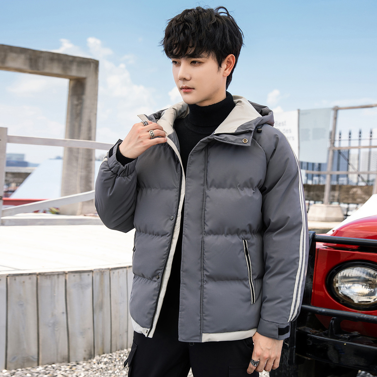 Large Size Cotton-Padded Coat for Men Fashion Brand Trend Handsome Men's Cotton Clothes 2022 New Winter Fleece-Lined Thickened Striped Coat