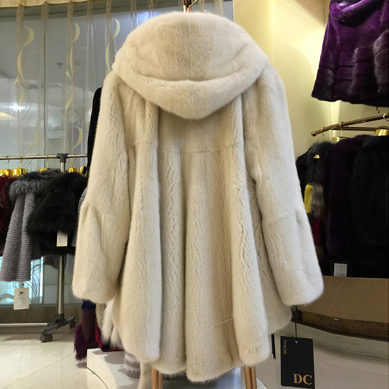 2023新款仿水貂仿皮草外套仿貂皮大衣女中长款连帽收腰大摆仿裘皮