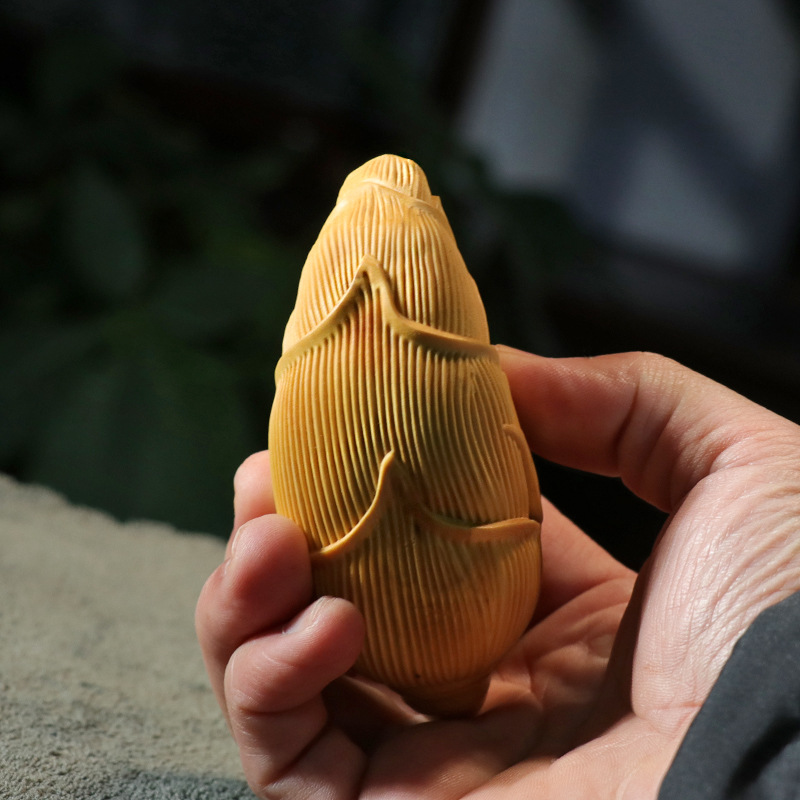 黄杨木雕竹笋茶壶摆件知足常乐文玩手把件男士把玩木质随身把把壶
