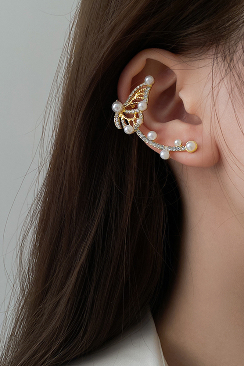 925银针珍珠镶钻蝴蝶耳环单只复古森系耳饰女时尚仙女耳钉耳骨夹