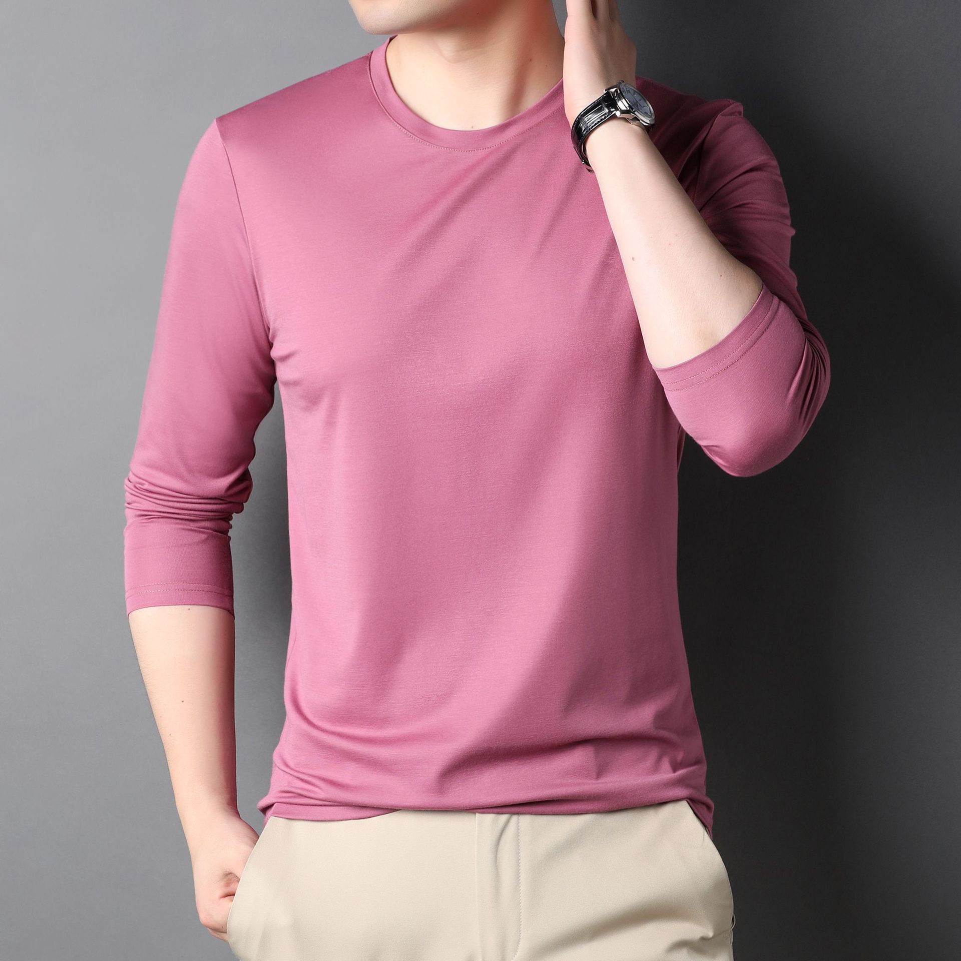 桑蚕丝t恤长袖春季圆领上衣男士纯色高端质感打底衫男装现货批发