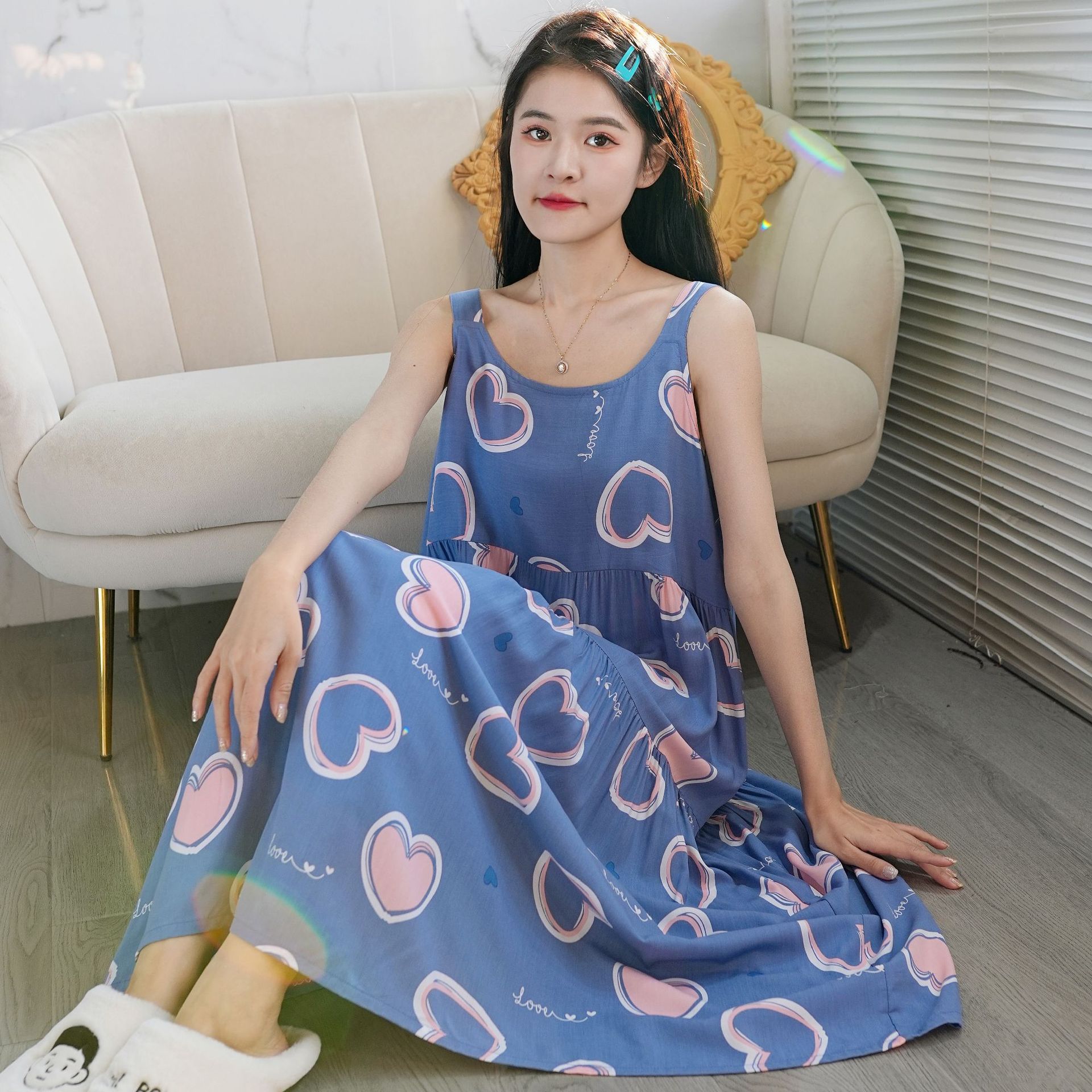 Summer New Artificial Cotton Nightdress Women's Sling Sweet Home Wear Fairy Style Cute Loose Printed Wide Shoulder Strap Nightdress