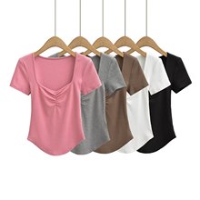 亚马逊跨境欧美女装2024夏季新款纯欲欧美风胸前褶皱方领短袖T恤