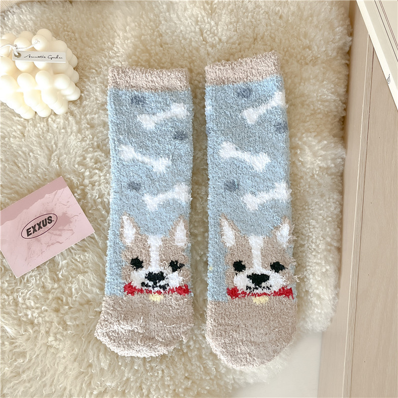 Coral Fleece Socks Female Cartoon Cute Animal Room Socks Winter Fleece Lined Padded Warm Keeping Sleeping Socks Female Middle Tube Socks