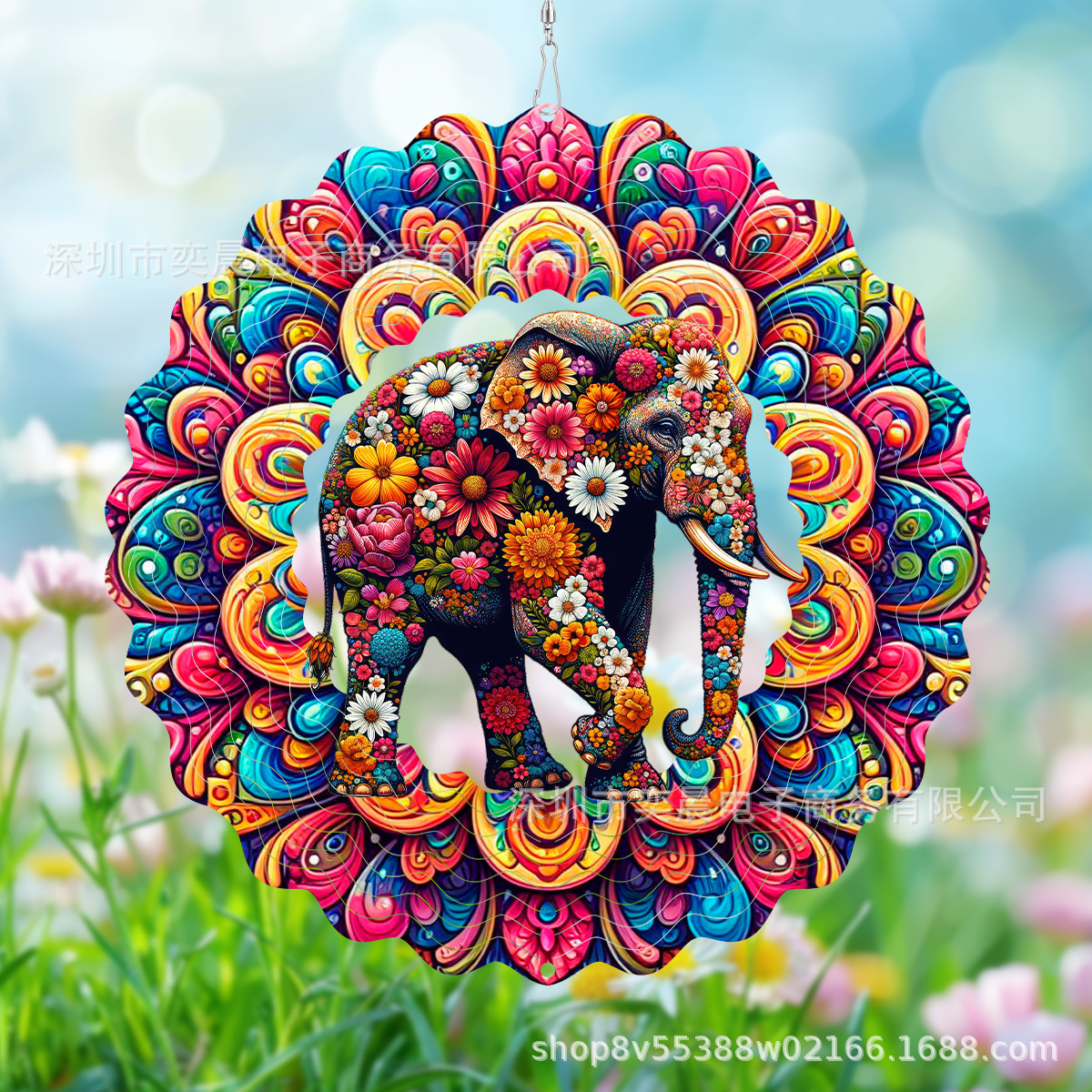 跨境爆款金属动物风旋器3d动态旋转风铃装饰大象金属风车挂件