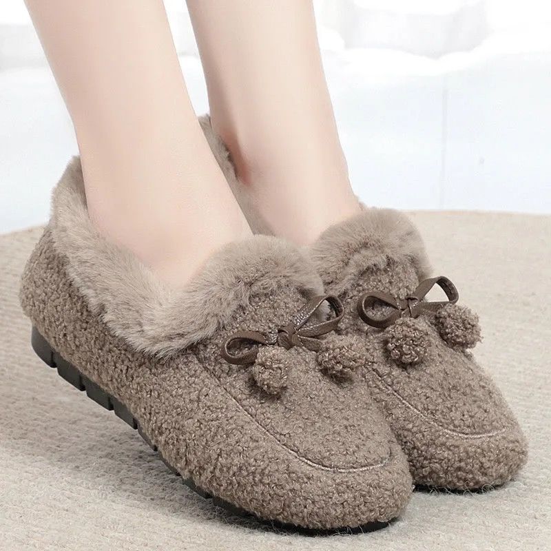 2023 Autumn and Winter Cotton Shoes Women's Winter Fluffy Shoes Soft Bottom Warm Keeping Flat Loafers All-Matching Women's Shoes One Piece Dropshipping