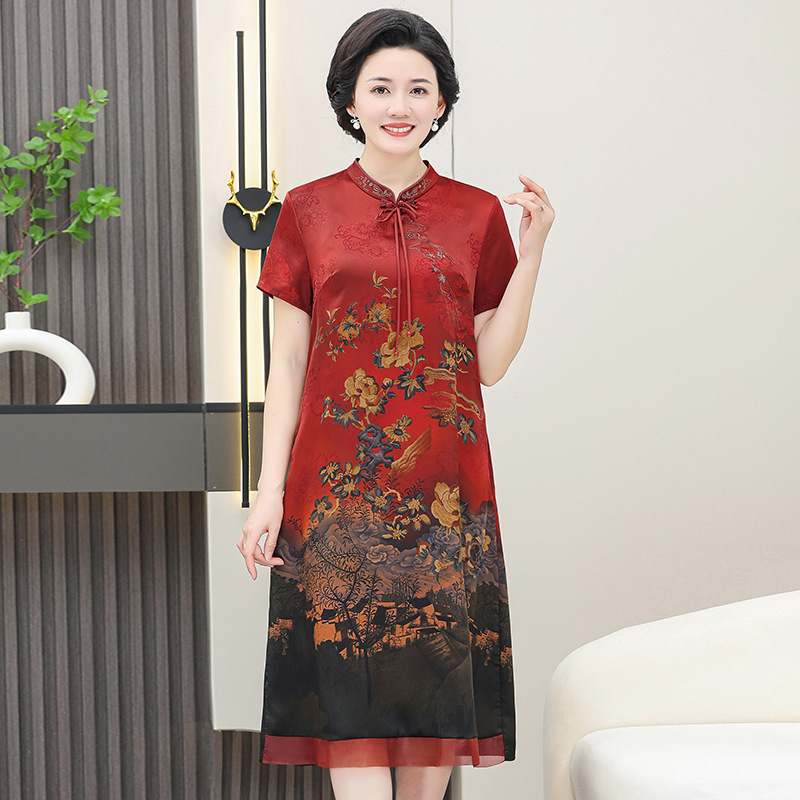 恒源祥妈妈夏装改良旗袍连衣裙女中老年夏季新款宽松显瘦气质裙子