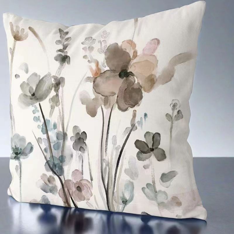 Cross-Border New Arrival Modern Simple Ink Painting Flower Linen Holding Head Cover Plant Office Sofas Cushion Pillow Cover