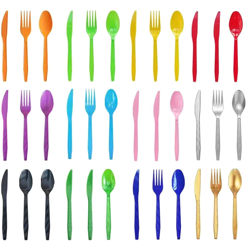 Cross-Border Printing Pattern Colorful Thickened Party Table Supplies Disposable Plastic Products Knife， Fork and Spoon in Stock Wholesale