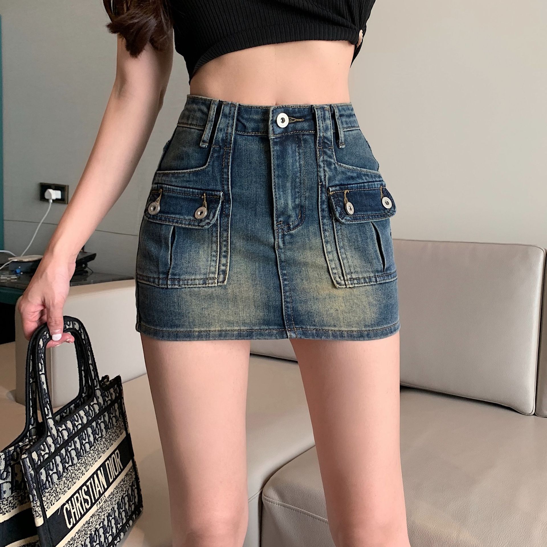 复古工装牛仔短裙女2024春季新款显瘦a字防走光高腰包