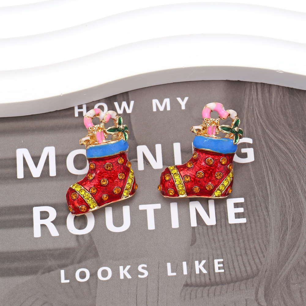 European and American Cute Creative Dripping Oil Christmas Gift Socks Earrings Alloy Diamond-Embedded Boots Earrings Christmas Ear Rings