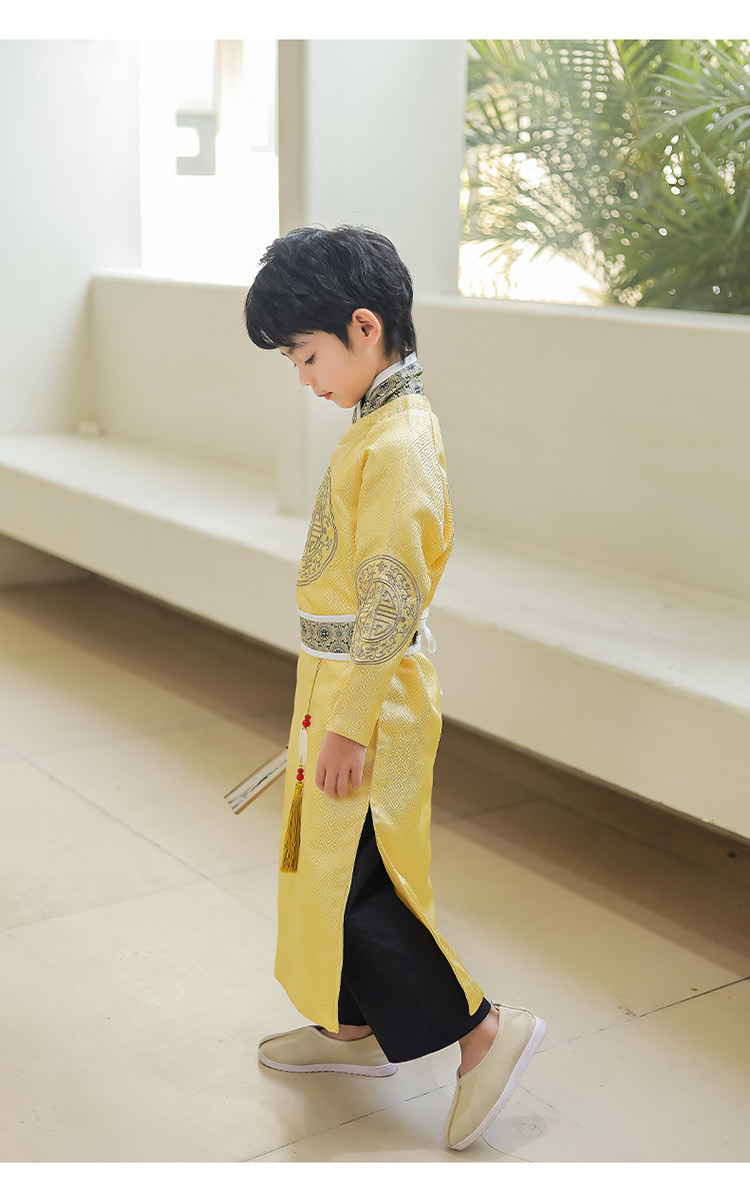 儿童古装阿哥装长袍男童摄影服装黄袍春装小皇帝太子龙袍演出服装