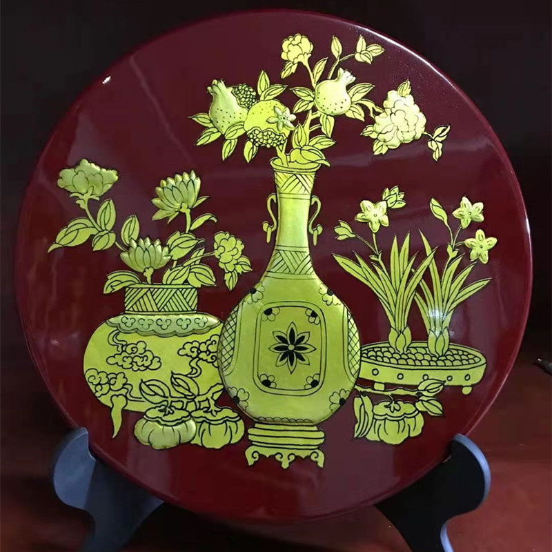 手工彩绘漆器工艺品摆件木质描金彩绘漆画圆盘山西风光装饰品定制